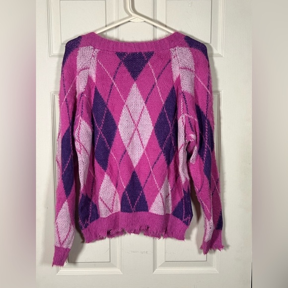 Umgee Oversized Pink and Purple Argyle Cardigan - Picture 4 of 7